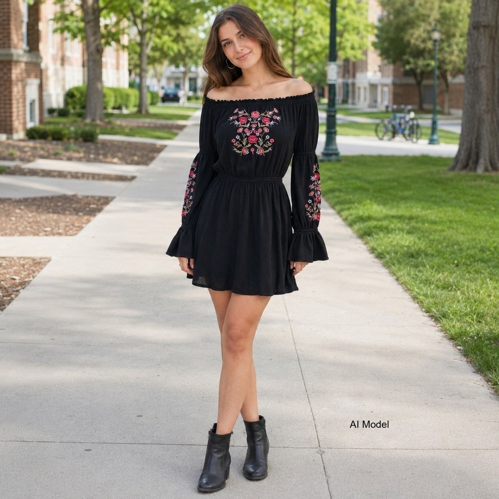 Hollister Black Embroidered Mini Dress XS Off‎ Shoulder Bell Sleeve Boho Floral